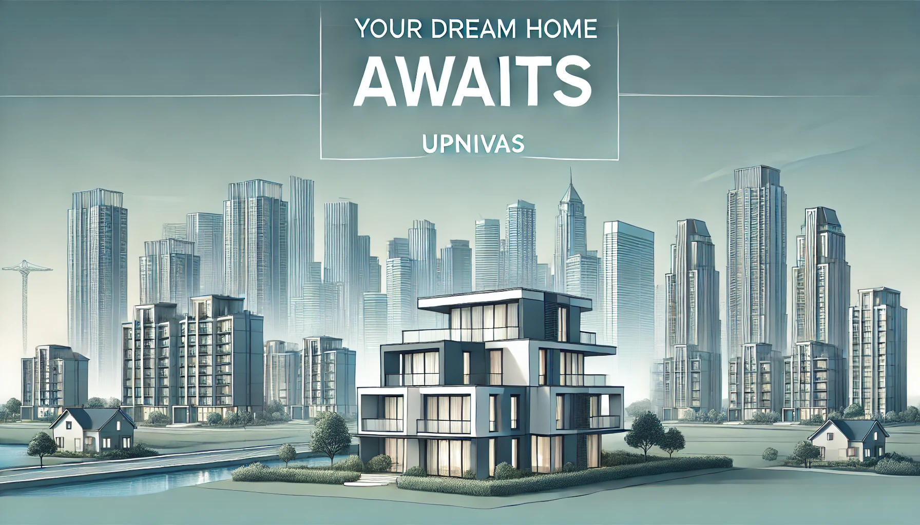 DALL·E 2025-01-29 00.30.58 - A sleek and professional real estate banner for the company 'Upnivas', featuring a modern urban skyline and a luxury residential building in the backg
