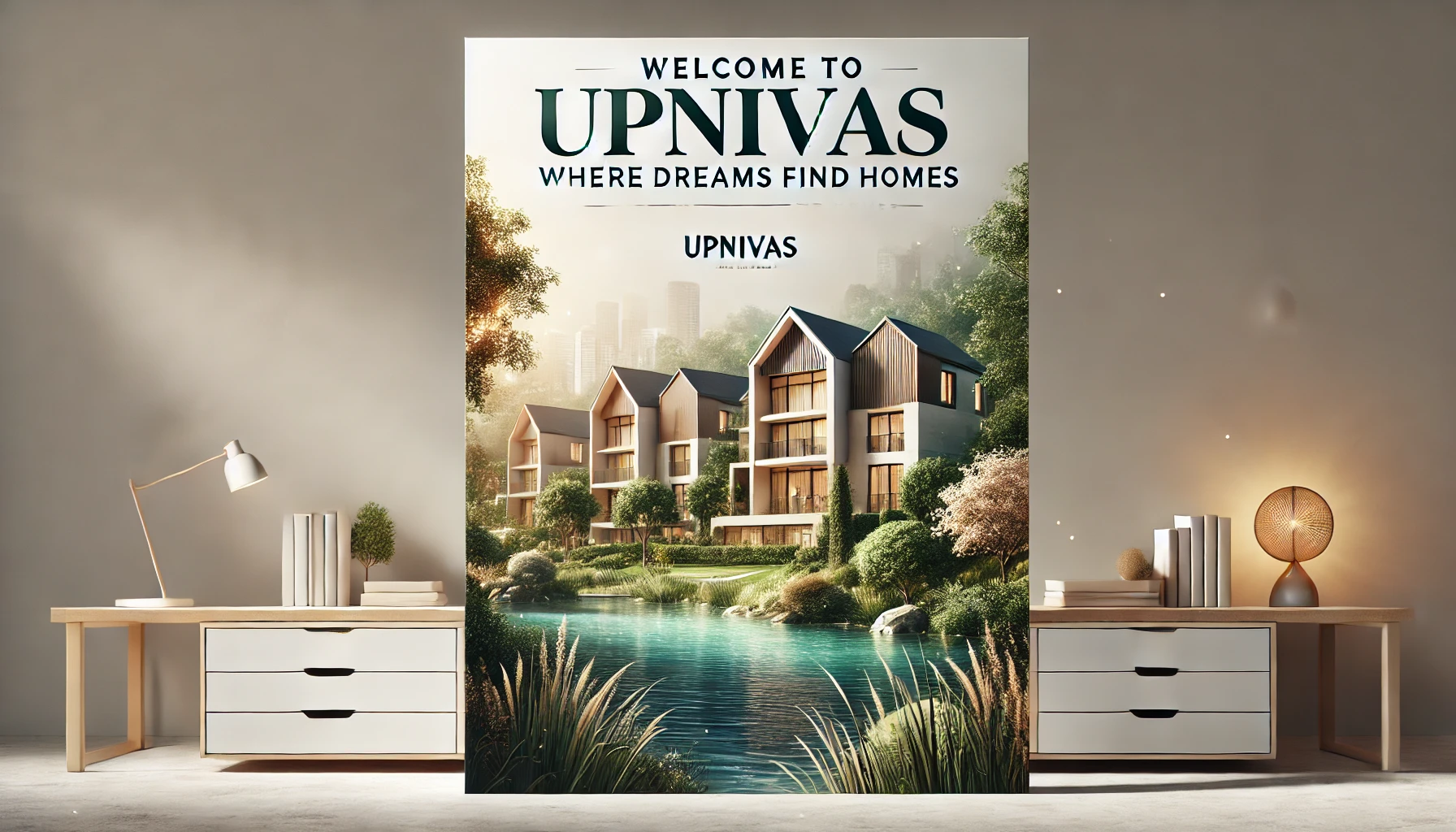 DALL·E 2025-01-29 00.40.57 - A professional and elegant real estate banner for the company 'Upnivas', featuring a background of luxurious homes and properties surrounded by lush g