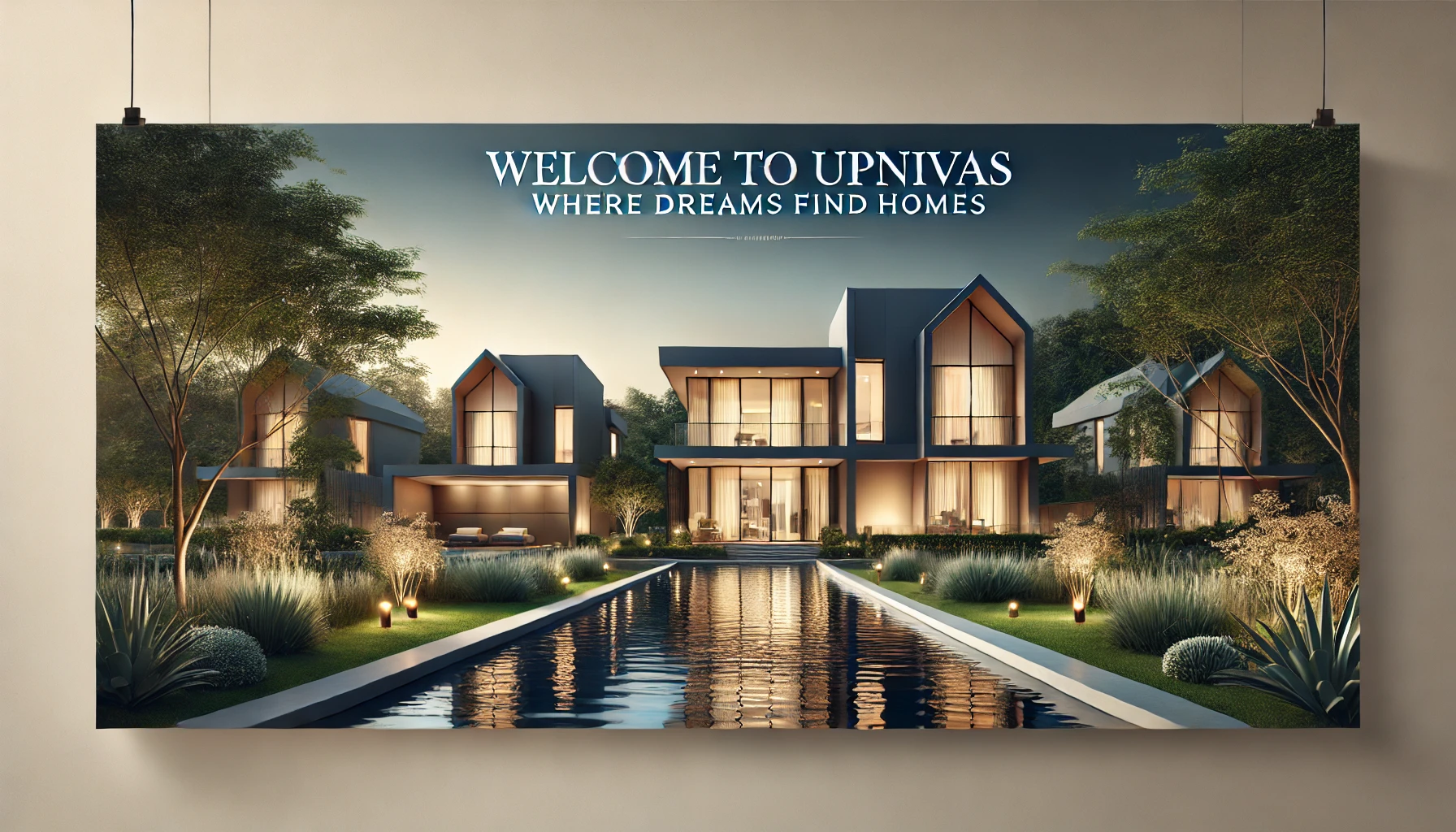 DALL·E 2025-02-02 23.43.37 - A professional and elegant real estate banner for the company 'Upnivas', featuring a background of luxurious modern homes surrounded by lush greenery